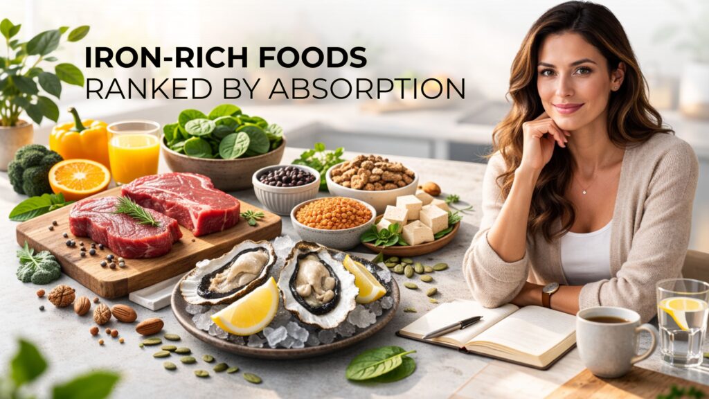 Iron-rich foods including spinach, lentils, oysters, red meat and pumpkin seeds displayed with woman in kitchen setting