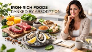 Iron-rich foods including spinach, lentils, oysters, red meat and pumpkin seeds displayed with woman in kitchen setting