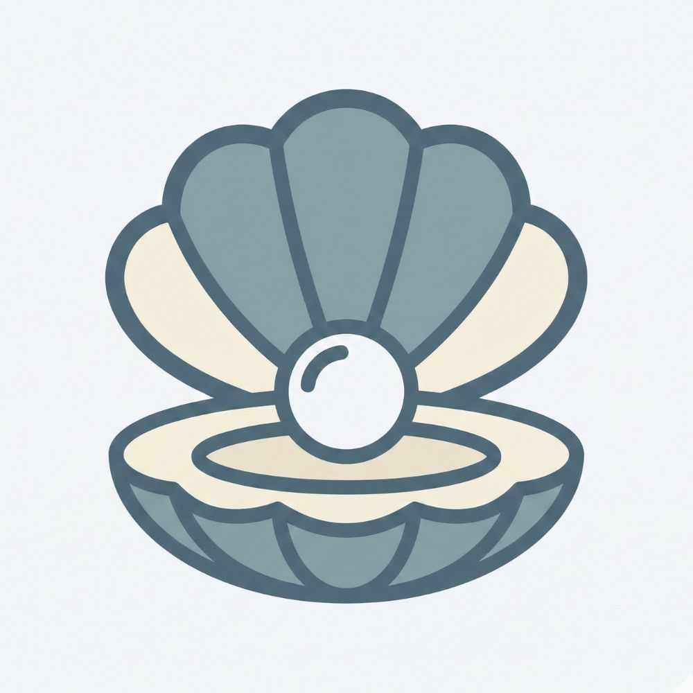 A minimalist flat icon showing an open blue-grey oyster shell with a pearl inside, indicating a seafood source rich in dietary iron.