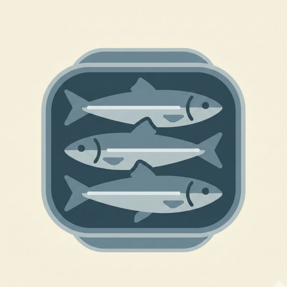 A minimalist flat icon depicting an open rectangular tin containing three silver sardines, representing a convenient tinned fish source of iron.