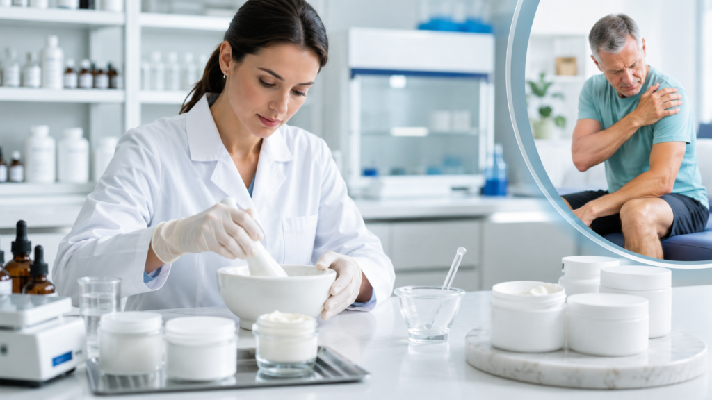 Pharmacist preparing customized pain relief cream for a patient with shoulder pain in Surrey, BC