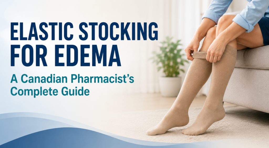 Person wearing elastic compression stockings for edema and leg swelling support