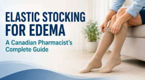 Person wearing elastic compression stockings for edema and leg swelling support