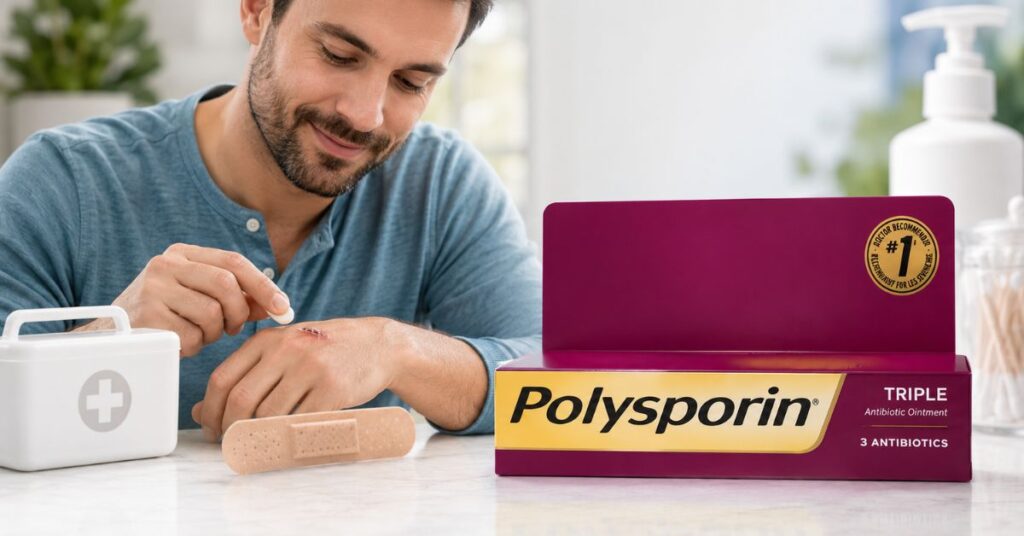 Polysporin antibiotic ointment for minor cuts, scrapes, and burns with first-aid application
