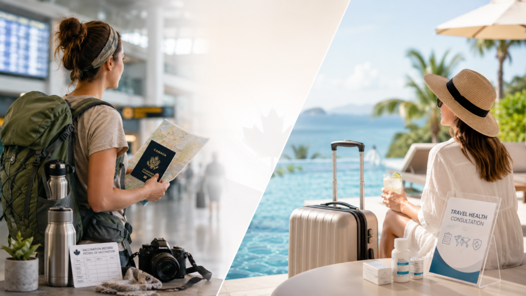 Backpacker and luxury resort traveller comparing travel vaccine needs before an international trip