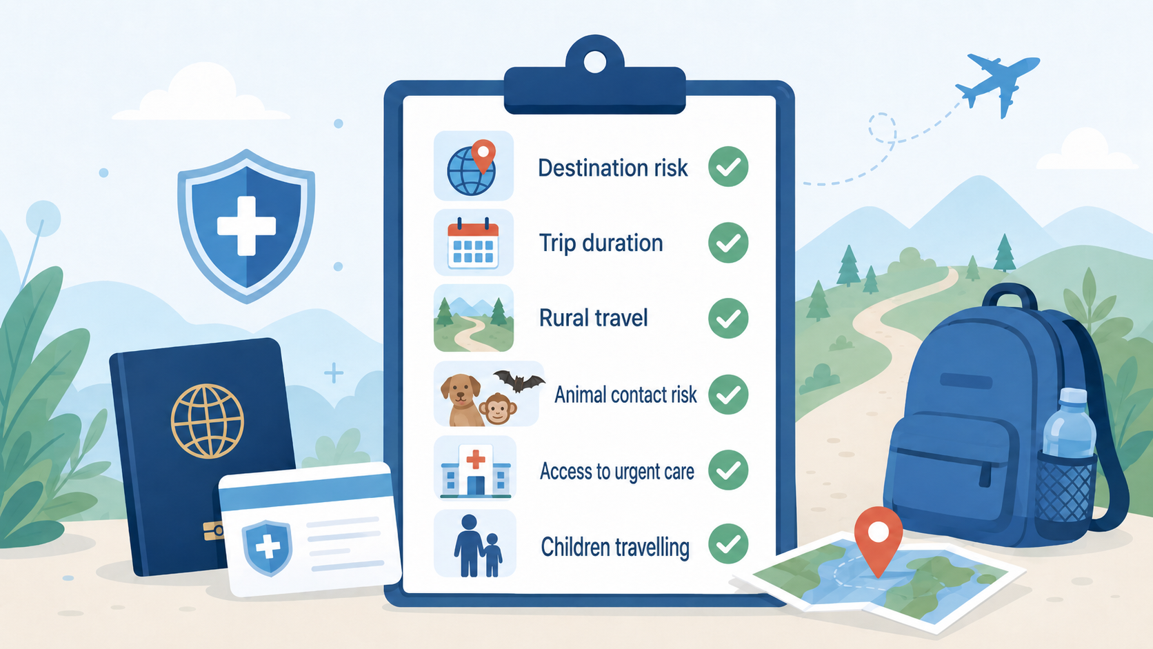 Travel health checklist illustration showing destination risk, trip duration, rural travel, animal contact risk, urgent care access, and children travelling.