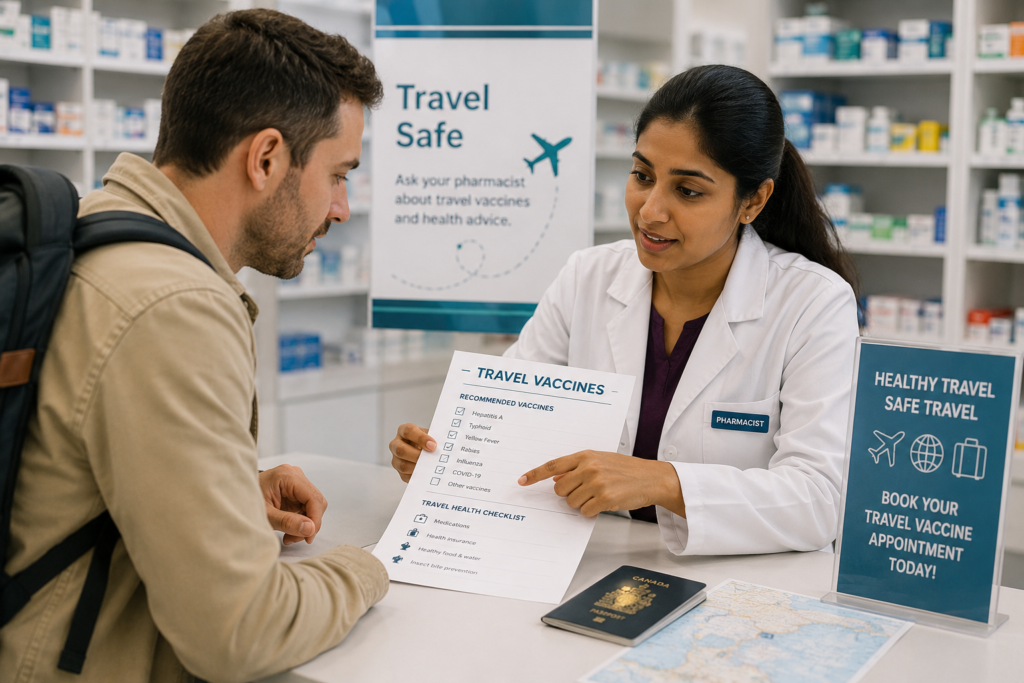 Adult traveller discussing international travel and adult immunization with a pharmacist before a trip