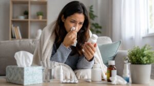 Advil Cold and Sinus product beside a sick woman comparing medicine options for cold and sinus relief at home
