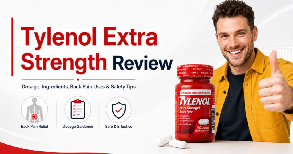 Tylenol Extra Strength review banner showing acetaminophen pain relief product, dosage guidance, back pain support, and safety tips