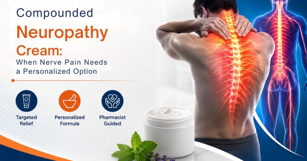 Compounded neuropathy cream banner showing nerve pain relief concept with pharmacist-guided personalized topical treatment