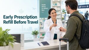 Prescription refill before travel with a traveller, suitcase, Canadian setting, and international destination in the background