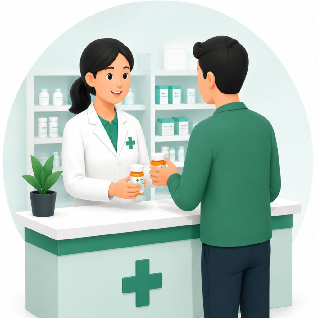 Prescription refill before travel consultation with a pharmacist providing medication to a traveller
