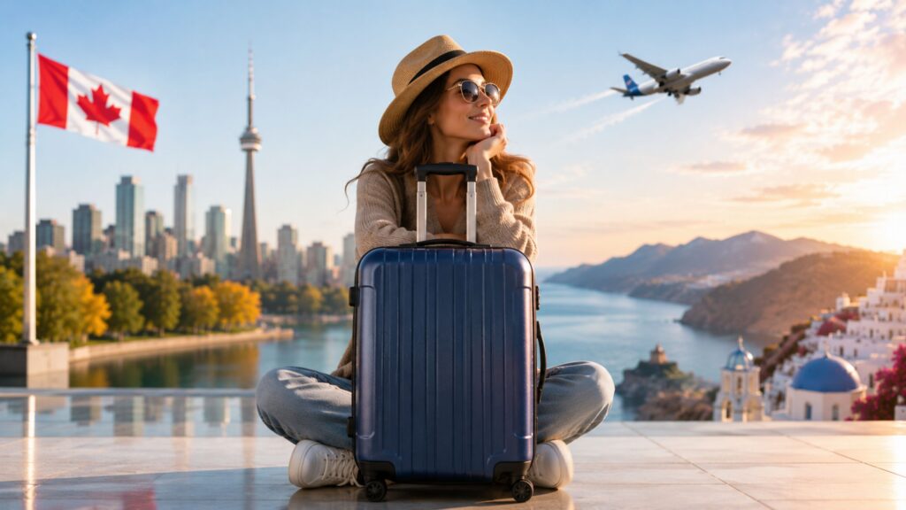 Prescription refill before travel with a traveller, suitcase, Canadian setting, and international destination in the background