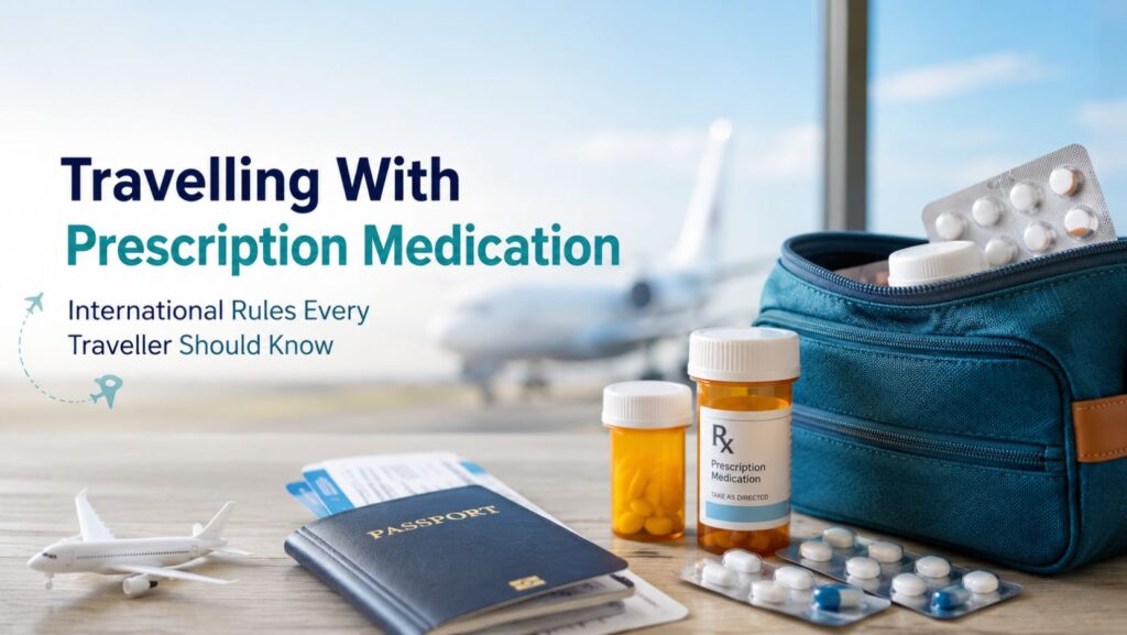 Traveller preparing prescription medication and documents for an international trip