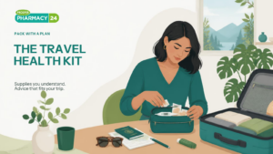 Traveller packing a travel health kit beside a suitcase; supplies you understand and advice that fits your trip.