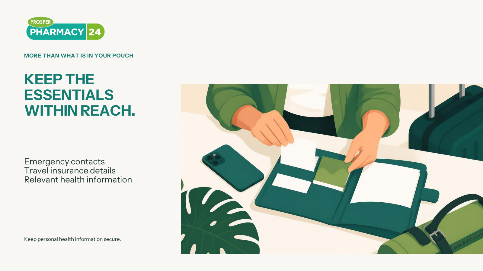 Traveller organising emergency contacts, travel insurance details and relevant health information in a document folio.