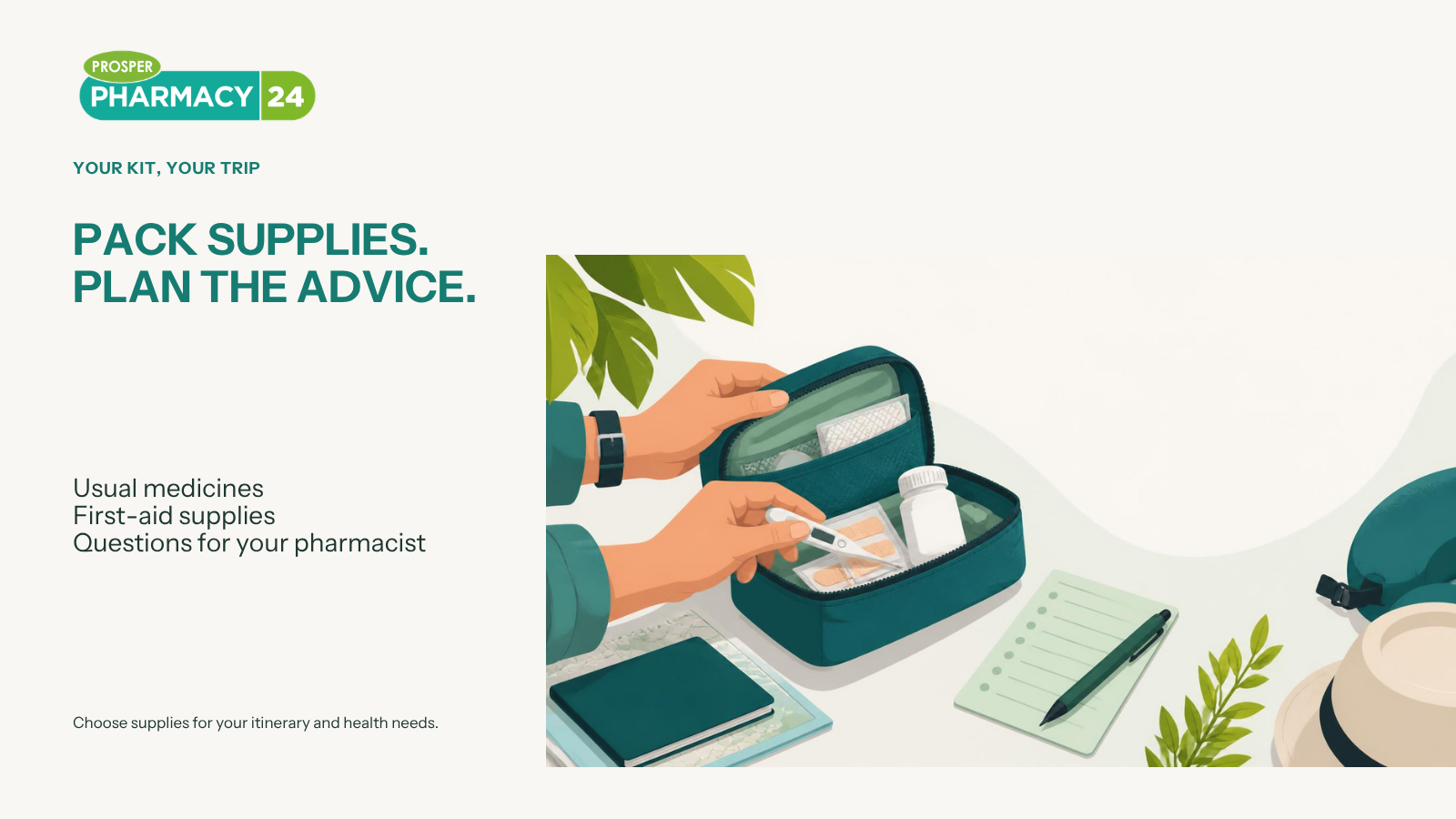 Illustrated travel health kit with usual medicines, first-aid supplies and questions for your pharmacist.