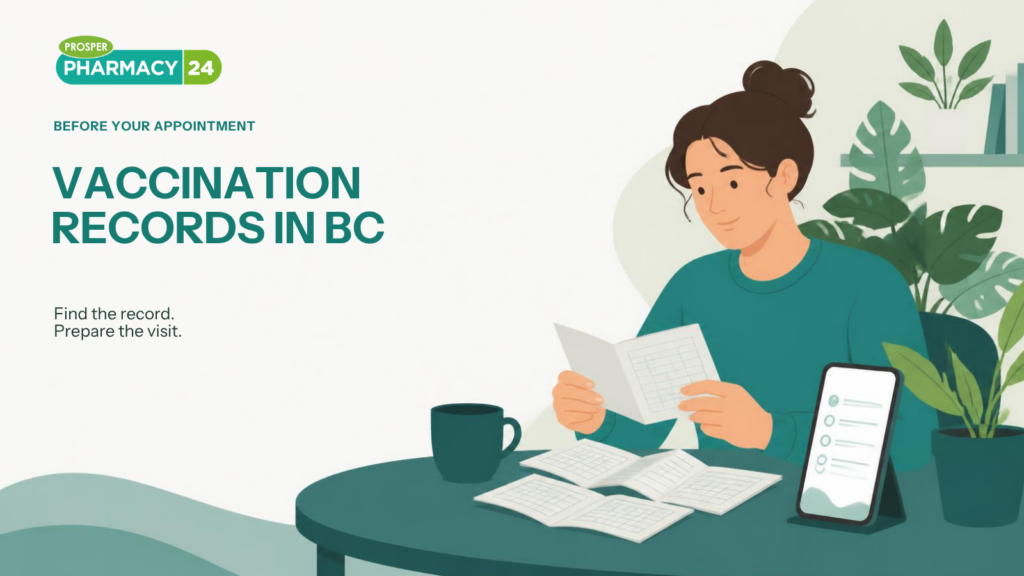 Illustration of a person organizing paper vaccination records beside a phone before an appointment in BC.
