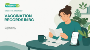 Illustration of a person organizing paper vaccination records beside a phone before an appointment in BC.