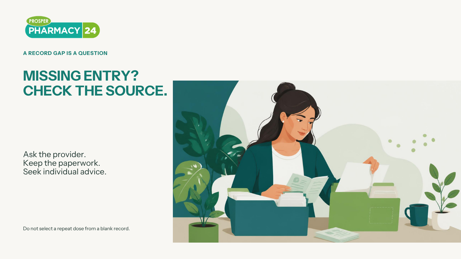 A person checks paper records; missing vaccination entries should be clarified with the original provider.